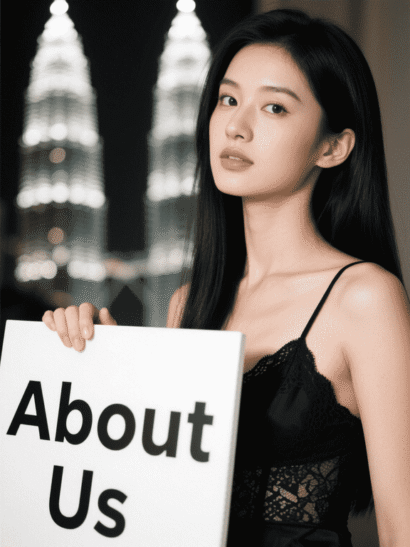 Woman holding "About Us" sign