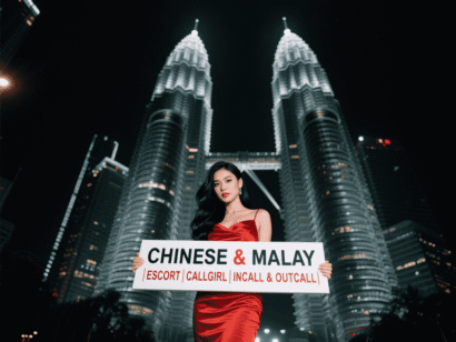 Woman in red dress holding sign: "Chinese & Malay | Escort | Callgirl | Incall & Outcall" against Petronas Towers backdrop.
