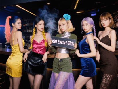 Five women in stylish dresses pose together. "Hot Escort Girls" sign is held in the center.