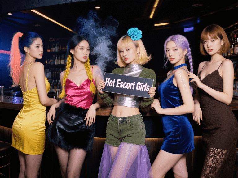 Five women in stylish dresses pose together. "Hot Escort Girls" sign is held in the center.