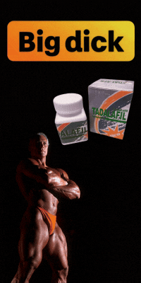 Tadalafil pills ad with bodybuilder, "Big dick" text. Sex Escort ad.