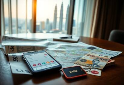 Travel planning in Kuala Lumpur: map, money, phone, and hotel key.