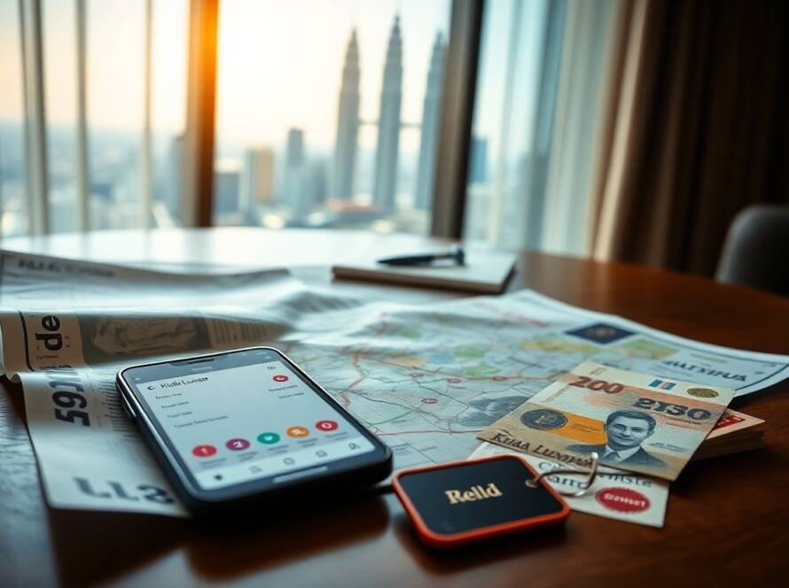 Travel planning in Kuala Lumpur: map, money, phone, and hotel key.