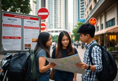 Three young tourists with backpacks consult a map in a city setting.