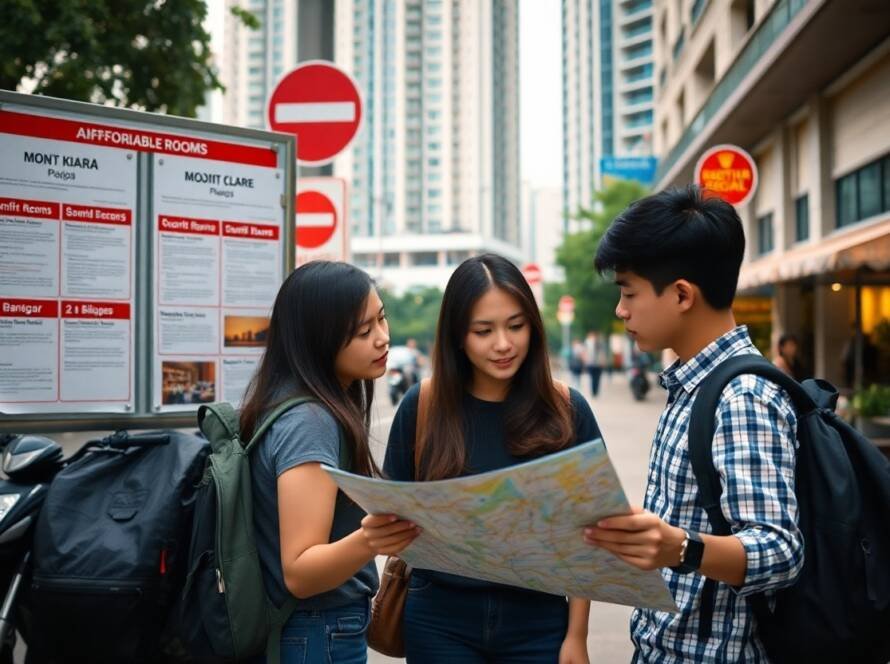 Three young tourists with backpacks consult a map in a city setting.