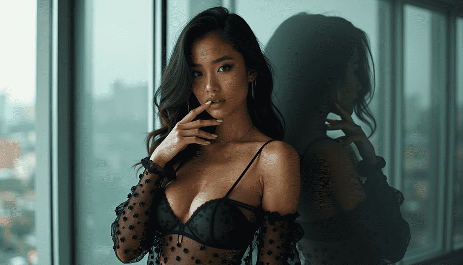 Young Asian woman in black lingerie posing by a window with city view.