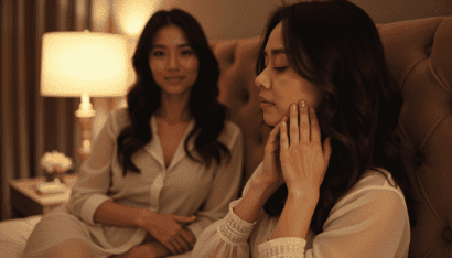 Two Asian women in silk robes sitting on a bed in a dimly lit room.