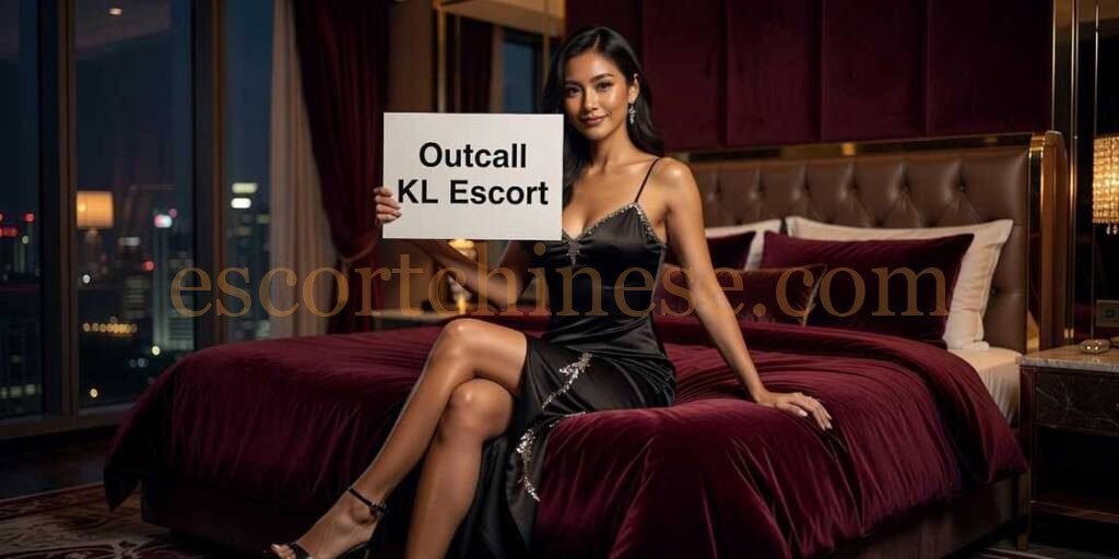 Woman in black dress holding sign with "Outcall KL Escort" text in a bedroom