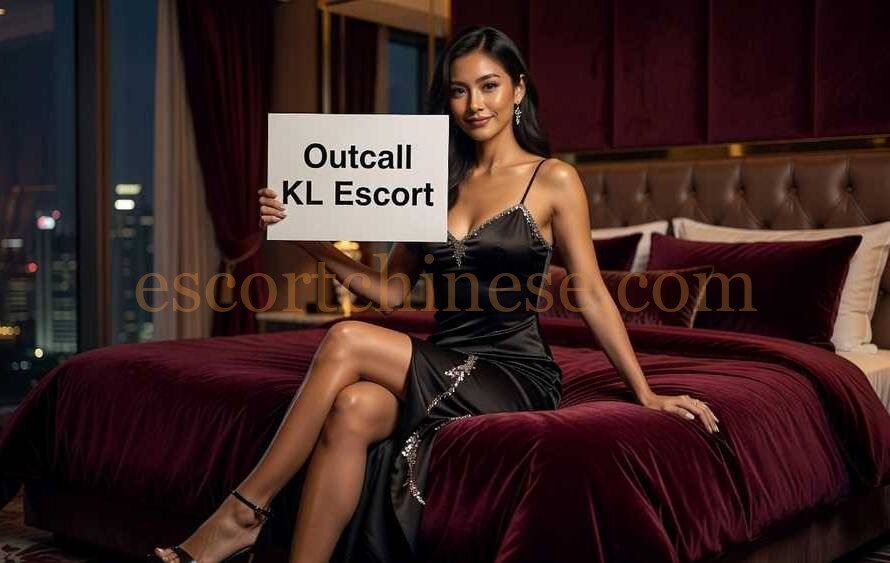 Woman in black dress holding sign with "Outcall KL Escort" text in a bedroom