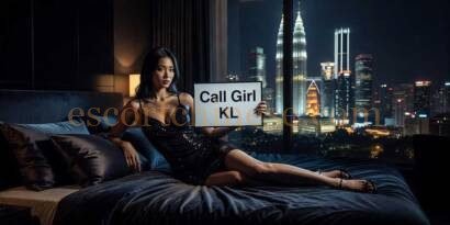 Woman in black dress holding "Call Girl KL" sign in bedroom with city view