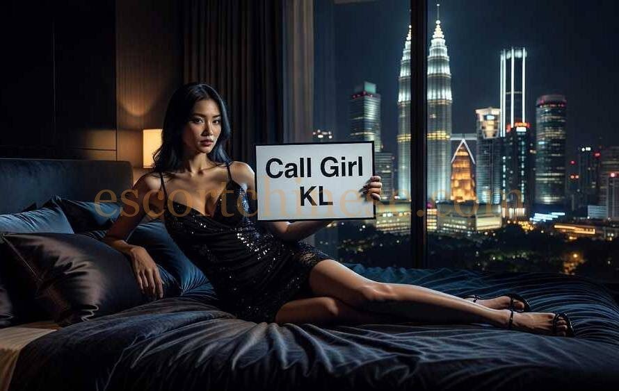 Woman in black dress holding "Call Girl KL" sign in bedroom with city view