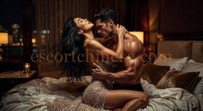 Couple embracing intimately in a luxurious bedroom setting