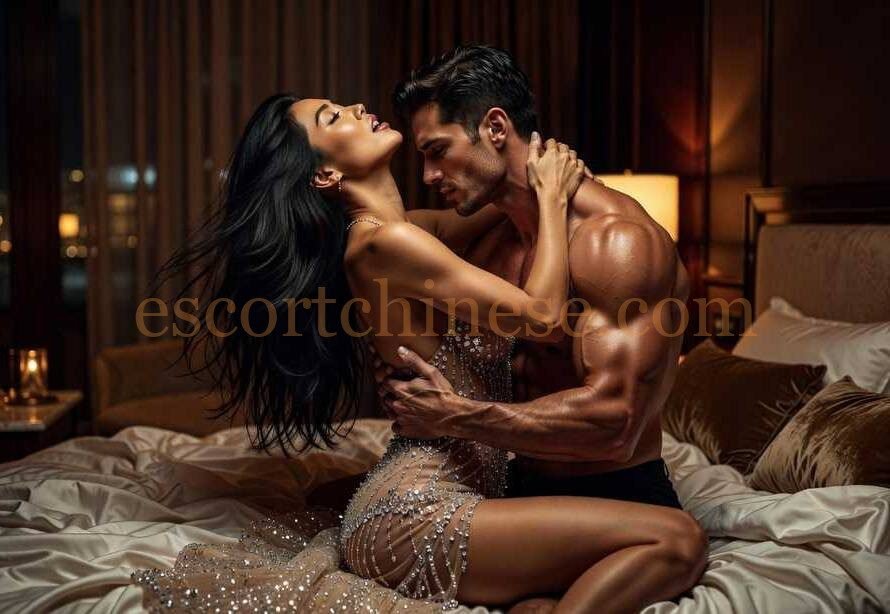 Couple embracing intimately in a luxurious bedroom setting
