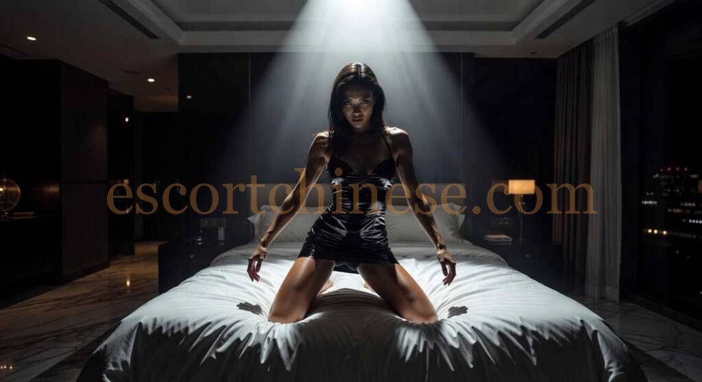 Woman in black dress on bed with spotlight