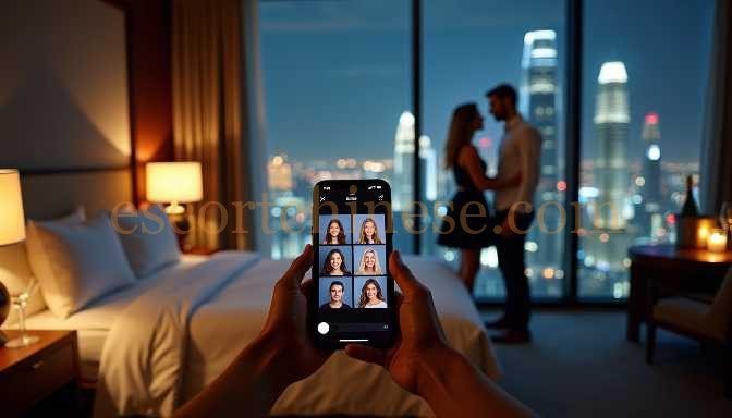 Couple in hotel room with city view, person holding phone with dating app