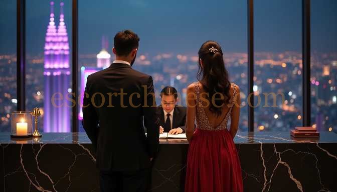 Couple at reception desk with city skyline view