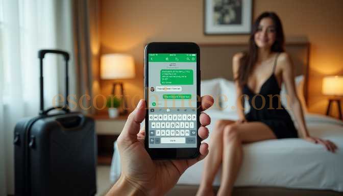 Man's hand holding phone with chat in hotel room, woman in background