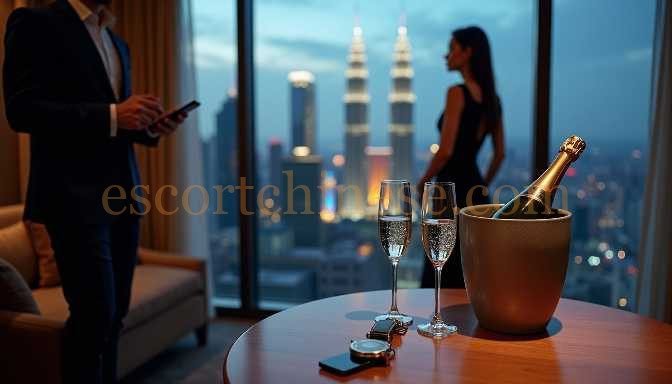 Couple with champagne in a luxury hotel room overlooking city skyline