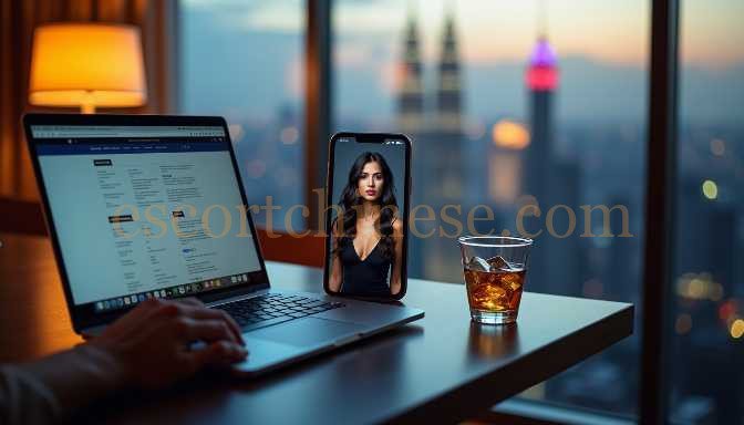 Man working on laptop with woman on phone screen and city view