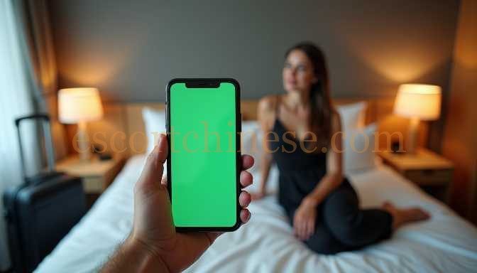 Person holding a smartphone with a green screen in a hotel room with a woman in the background.