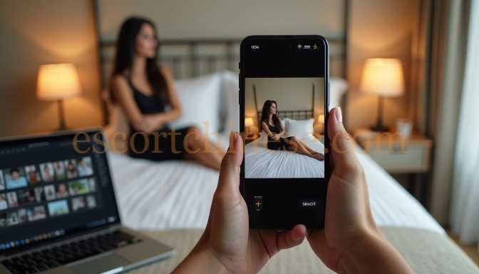 Woman taking photo of another woman on a bed with a laptop nearby