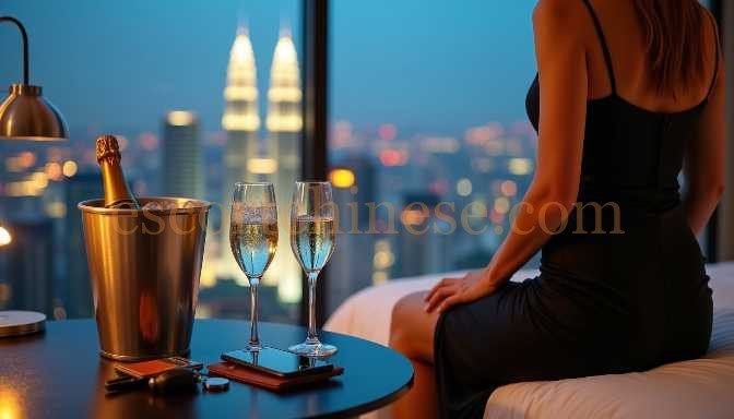 Woman in black dress with champagne by city skyline at night