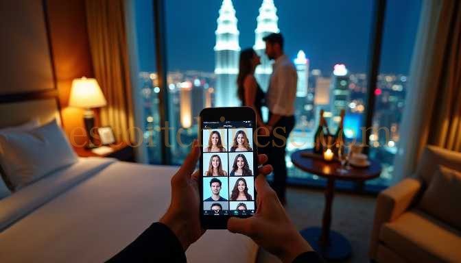 Person holding phone displaying faces, couple in hotel room with city view