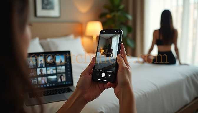 Person filming a woman in a hotel room with a laptop video call