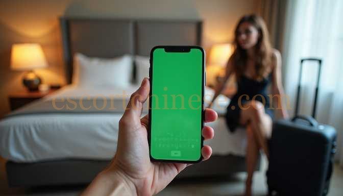 Person holding a smartphone with a green screen in a hotel room with a woman in the background.