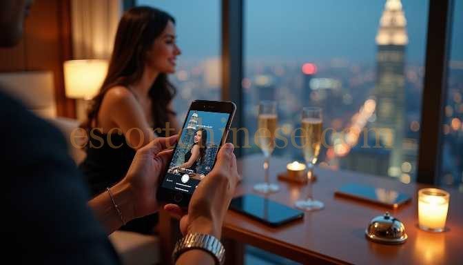 Couple taking a selfie at night with city view and champagne