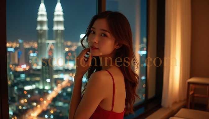 Young woman in red dress by window with city skyline at night