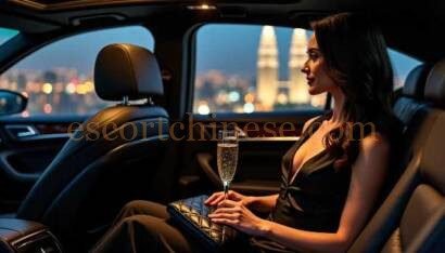 Woman in black dress with champagne in luxury car at night
