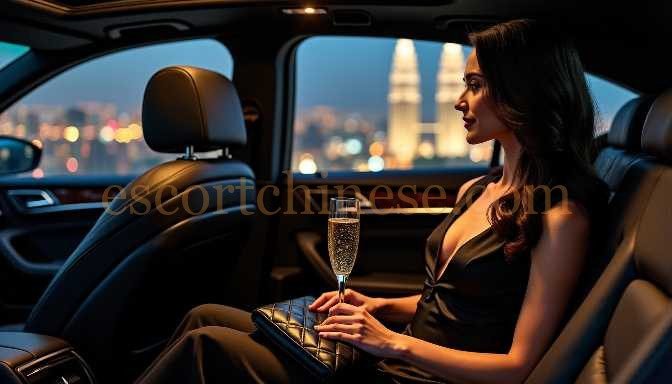 Woman in black dress with champagne in luxury car at night