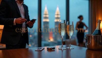 Couple celebrating with champagne overlooking city skyline at night