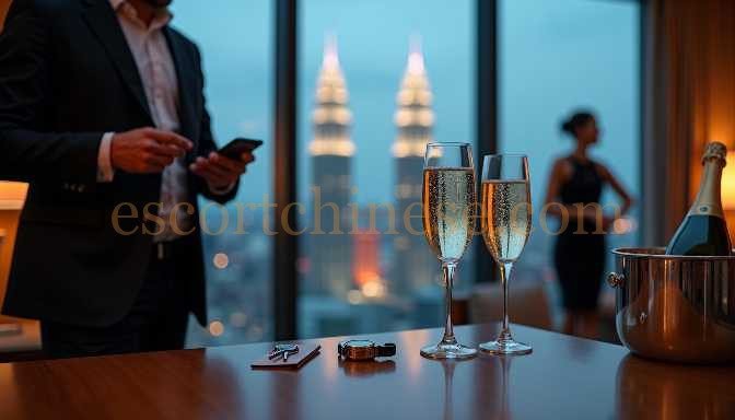 Couple celebrating with champagne overlooking city skyline at night