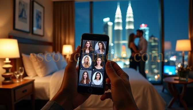 Person holding phone showing dating app profiles with city skyline at night