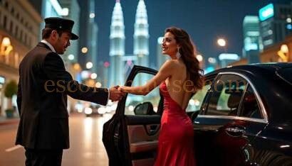 Chauffeur opens car door for elegant woman in red dress at night