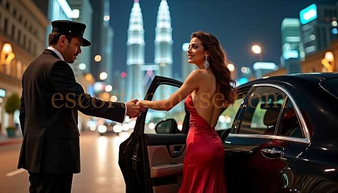 Chauffeur opens car door for elegant woman in red dress at night