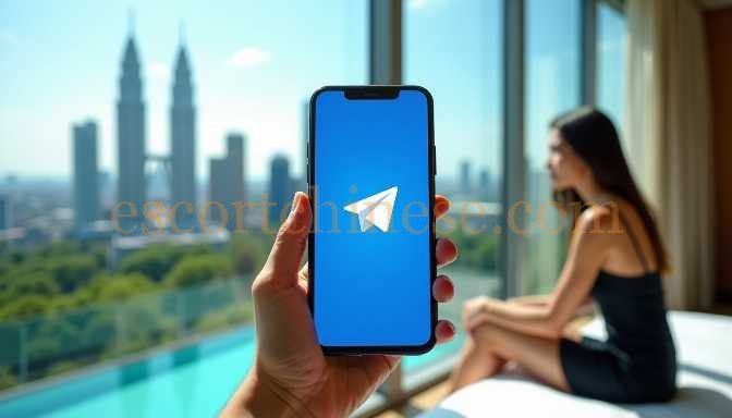 Hand holding a phone with the Telegram app open, overlooking a city skyline