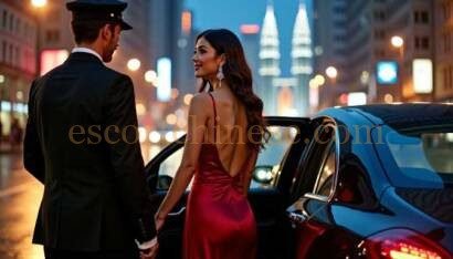 Chauffeur opening car door for elegantly dressed woman in city at night