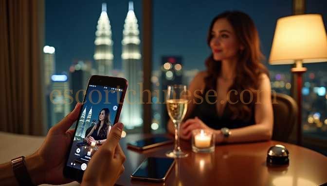 Couple on a date night, looking at a phone with a photo of a woman, city skyline background.