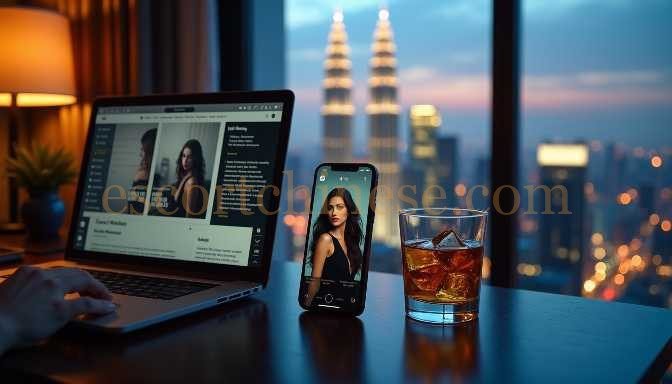 Laptop and smartphone displaying model photos, with city skyline and whiskey glass.