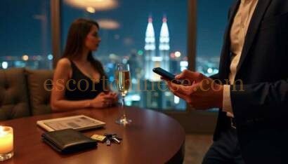 Couple at a high-rise restaurant with city lights at night