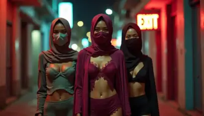 Three women in hijabs and masks walk down a neon-lit street at night.