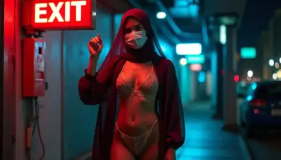 Woman in hijab and lingerie poses near an illuminated EXIT sign