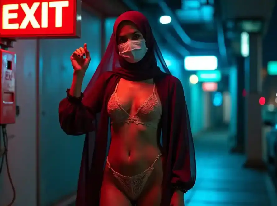 Woman in hijab and lingerie poses near an illuminated EXIT sign