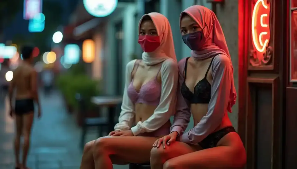 Two women in hijabs and masks sit outdoors at night, wearing lingerie.