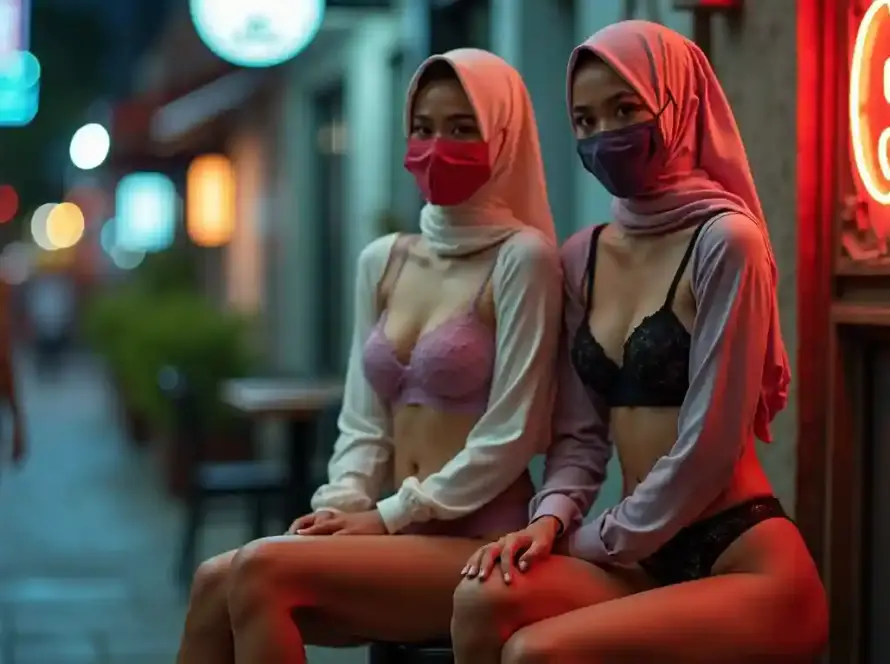 Two women in hijabs and masks sit outdoors at night, wearing lingerie.